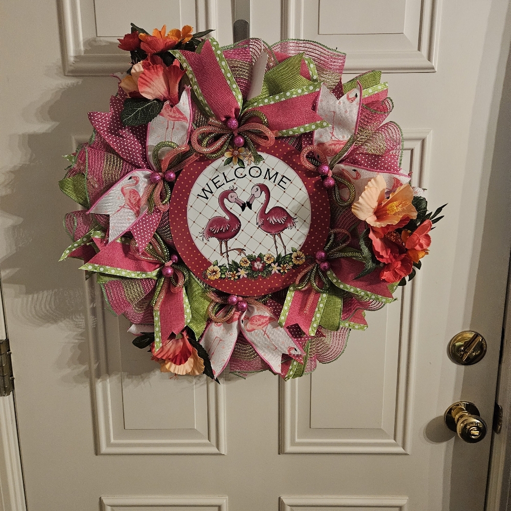 Festive Pink and Green Flamingo Wreath